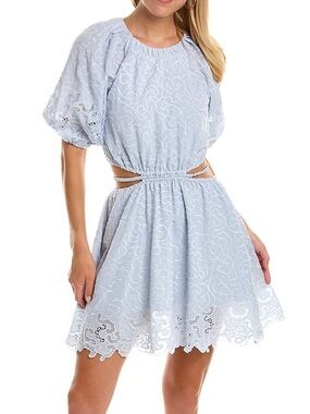 Jonathan Simkhai Anaise Cut Out Embroidered Crepe de Chine Mini Dress Blue 10